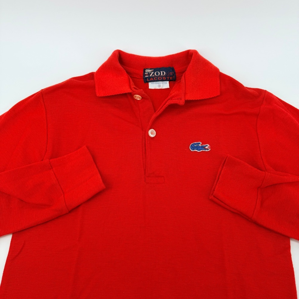 Izod Lacoste Vintage Long Sleeve Polo Shirt Red Pique Crocodile Size 16 Kids